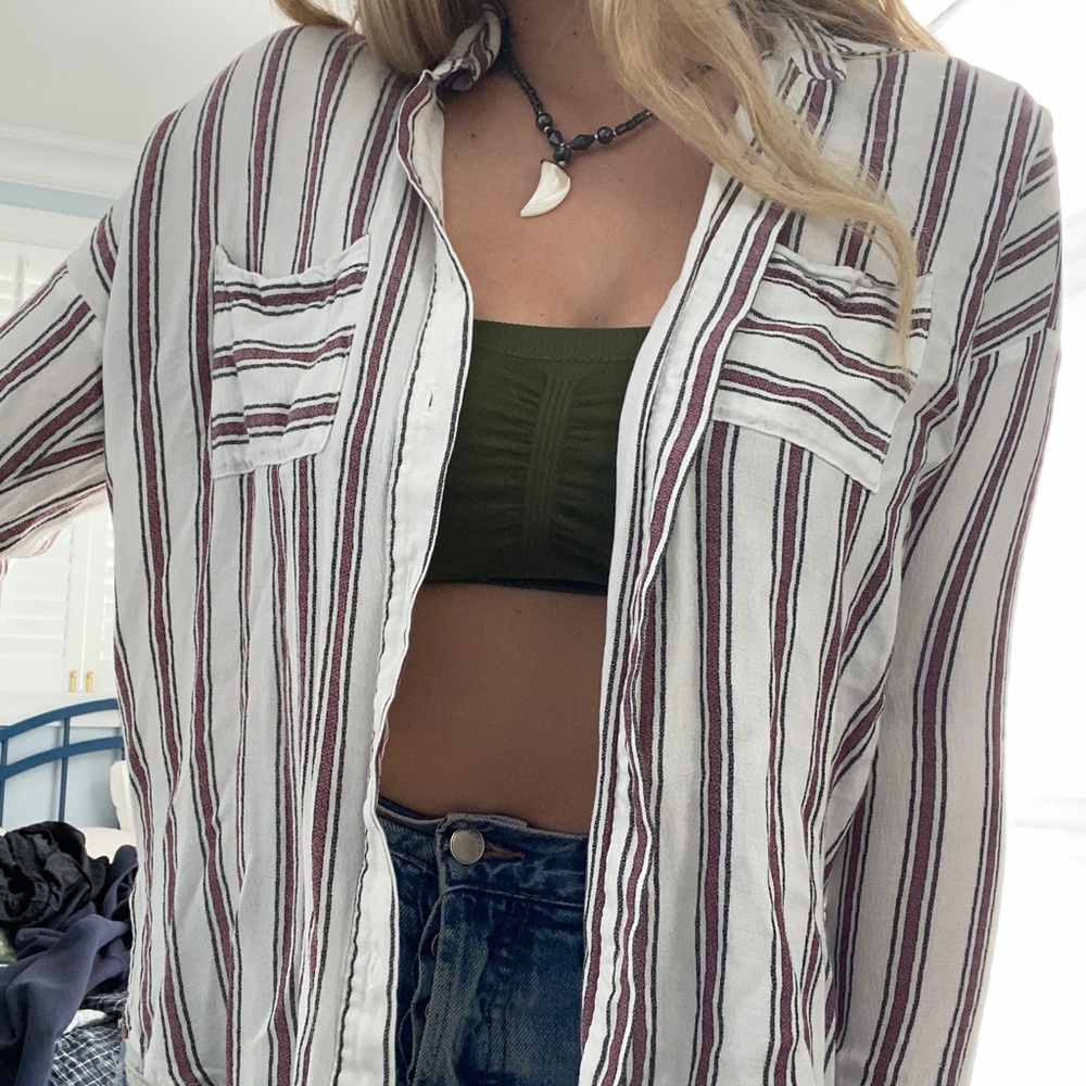 white, red, and black stripped button down